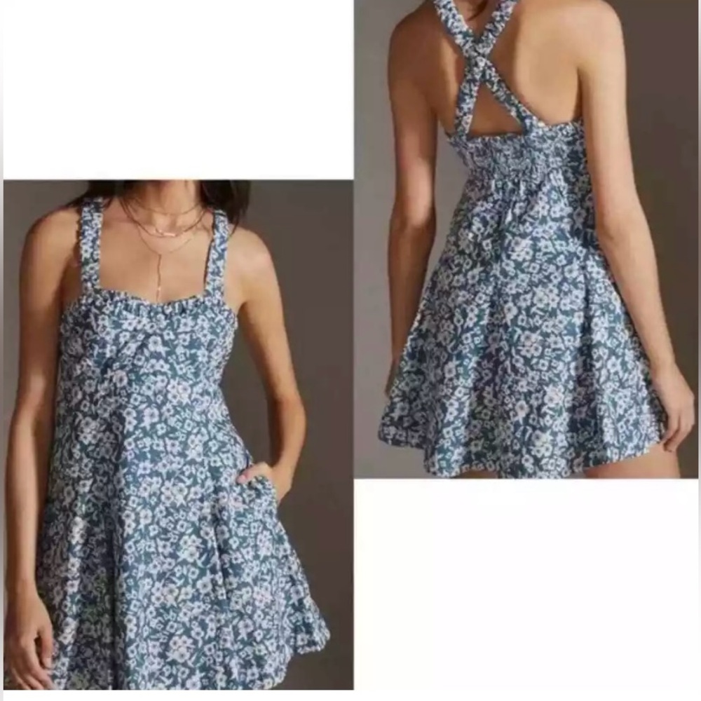 Maeve Blue sweetheart fit and flare floral mini dress with pockets teal anthro